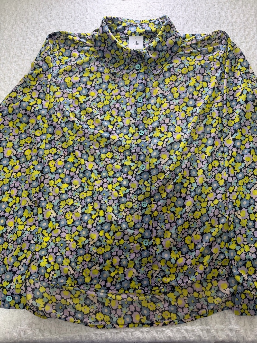 CAbi Floral Button-Down Shirt in Yellow, Lavender and Navy